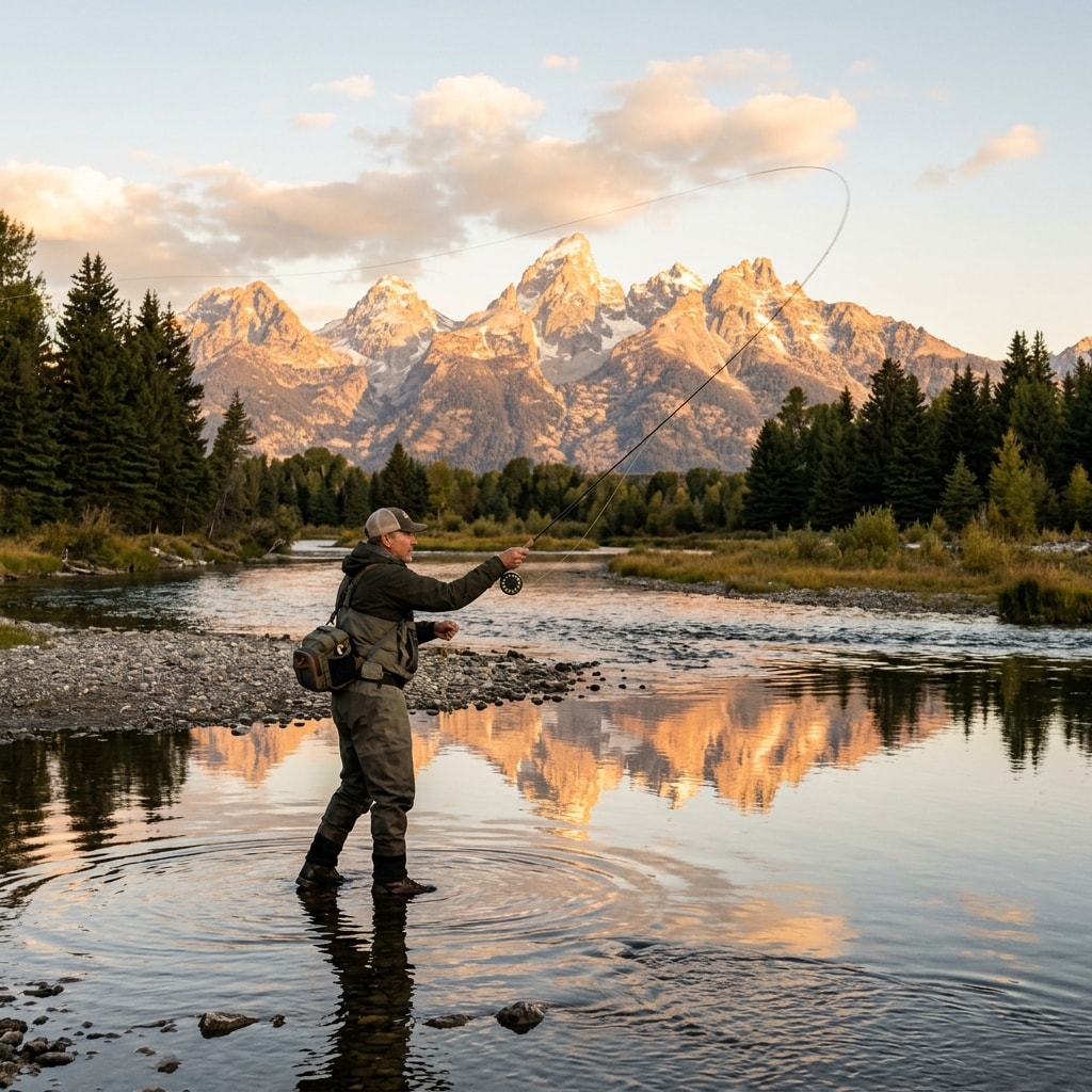 Fishing at sunrise on a calm river